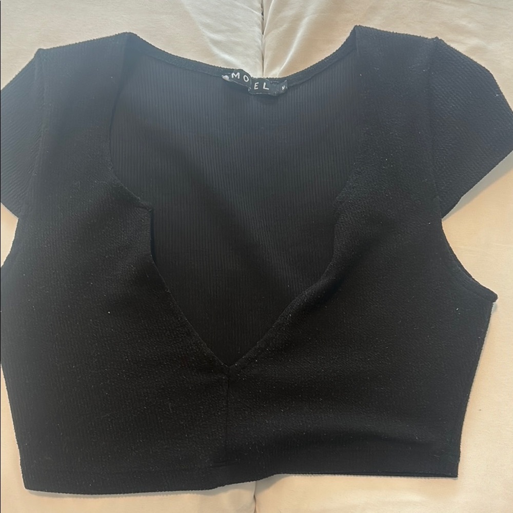 Black Fitted Crop Bodysuit with Cap Sleeves